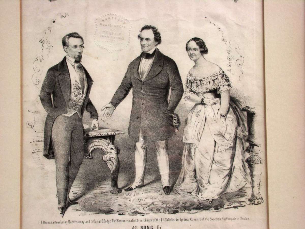 Black and white drawing of P.T. Barnum speaking to another man as Jenny Lind looks on.