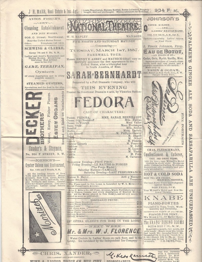 The cover of a program for "Fedora," featuring the cast list and several advertisements.