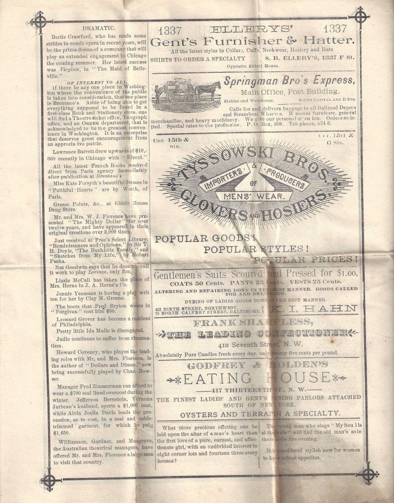 The interior of a program for "Fedora," featuring text and advertisements.