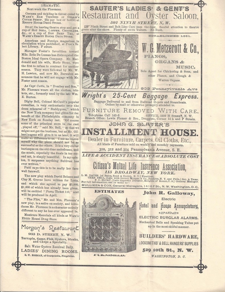 The interior of a program for "Fedora," featuring text and advertisements.