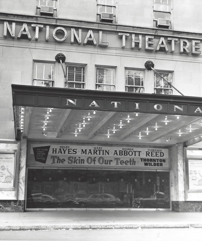 The National Theatre with a marquee for Thornton Wilder's "Skin of Our Teeth," featuring Helen Hayes.