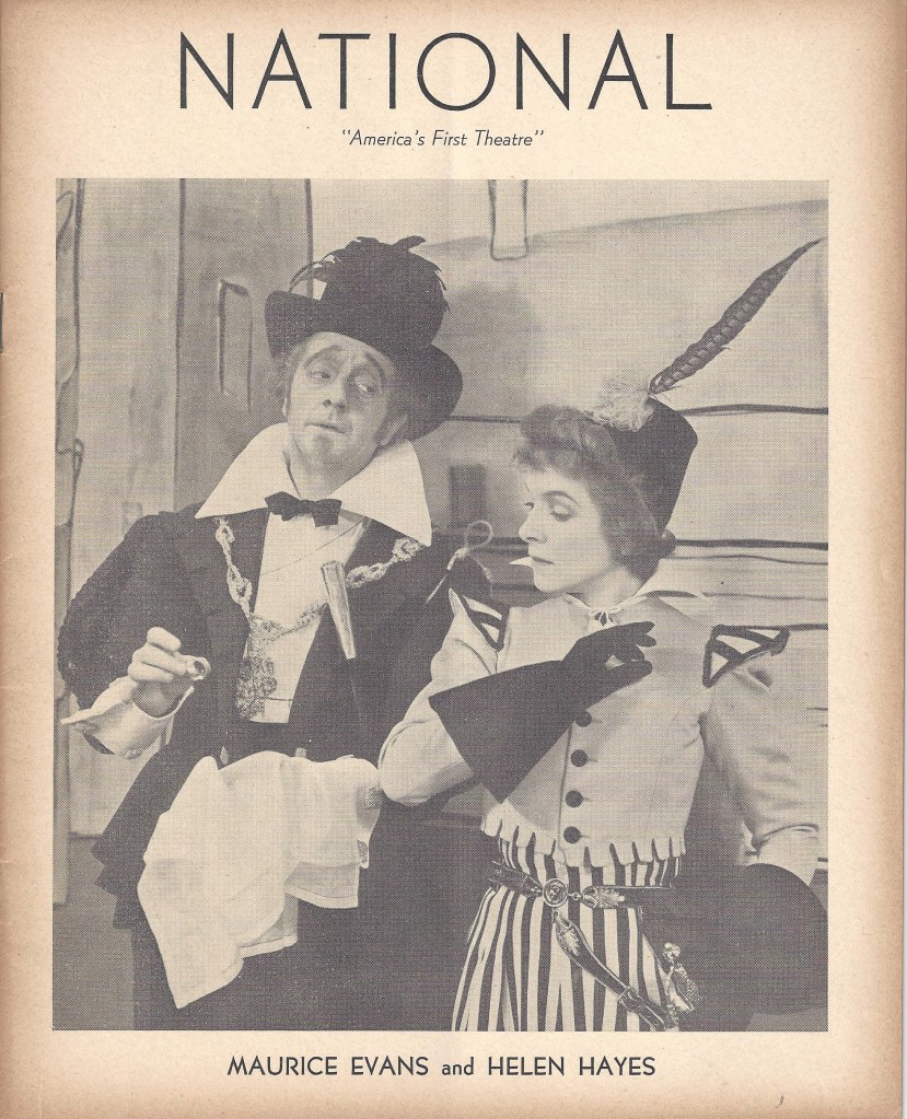 The cover of a program for "Twelfth Night" starring Helen Hayes, who stands next a man, both in Shakespearean costume.