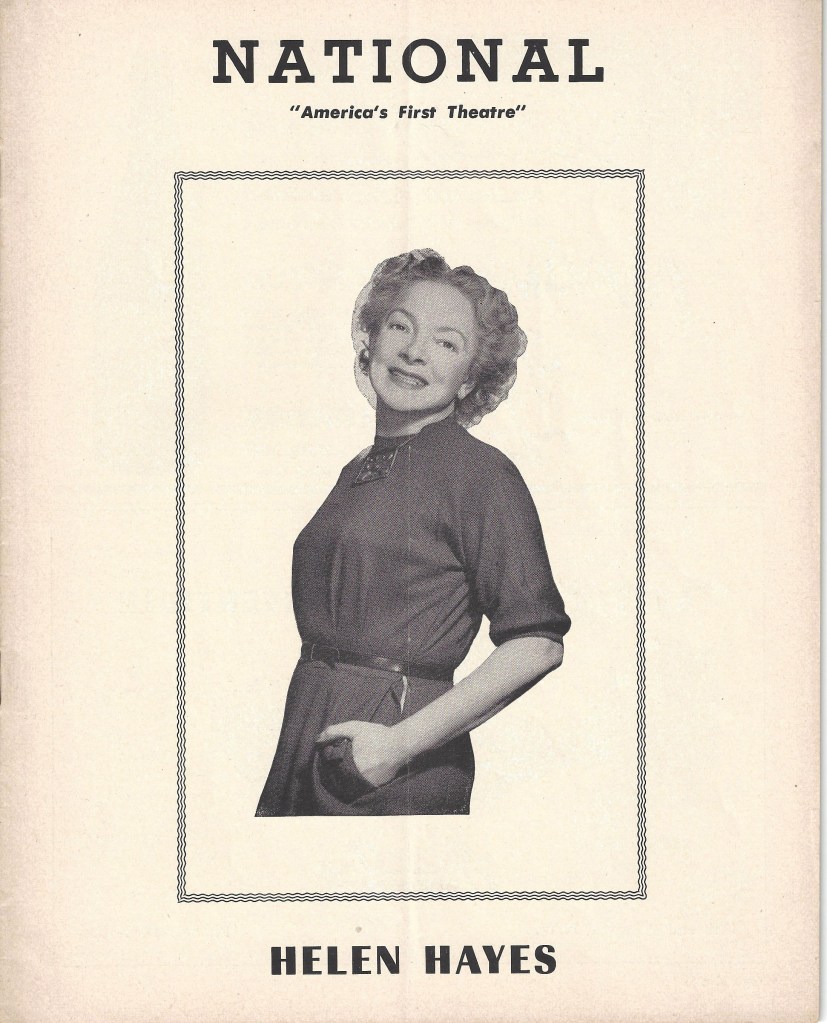 The cover of a program for "Mrs. McThing" starring Helen Hayes, featured with smile and hands in her pockets.