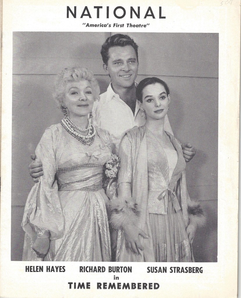 The cover of a program for "Time Remembered," featuring older Helen Hayes with Richard Burton and Susan Strasberg.