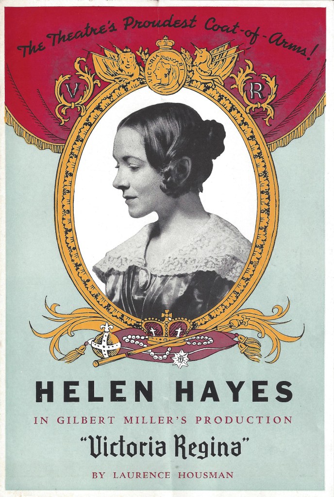 A program for "Victoria Regina" starring Helen Hayes, who is depicted in an ornately frame photograph with a red curtain above her.