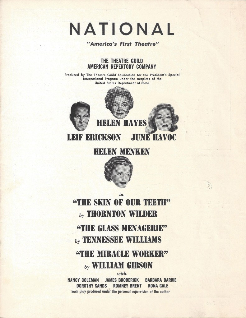 The cover of the program for an American Repertory company tour, featuring the heads of Helen Hayes and three costars.